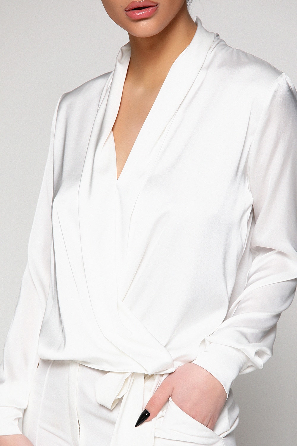 White Silk Scarf Collar Shirt