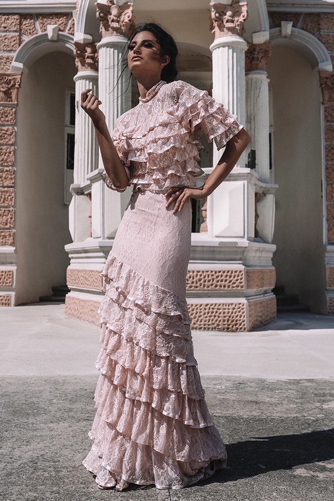 Powder pink dress with ruffles and lace