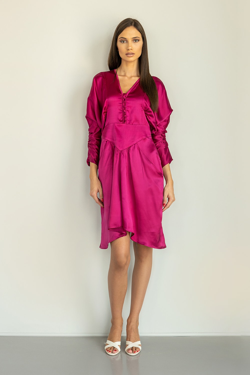 Ruby pink silk mini dress with balloon sleeves and buttons