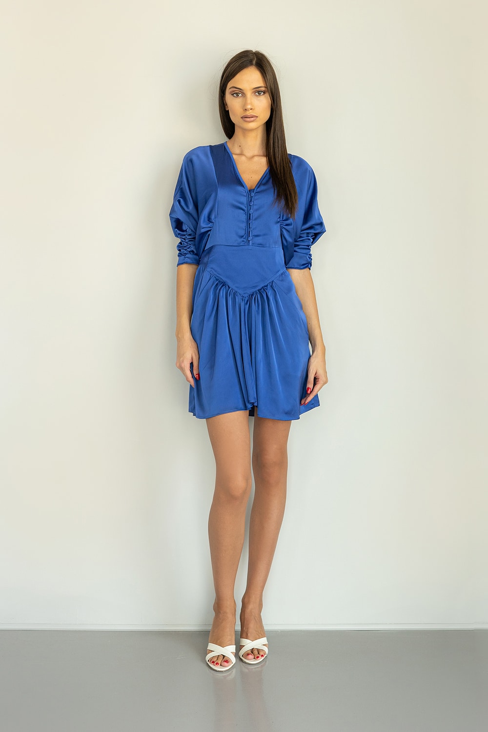 Royal blue satin mini dress with balloon sleeves and buttons