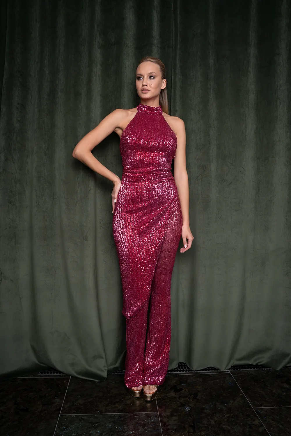 Wine Sequin Dress with Pants