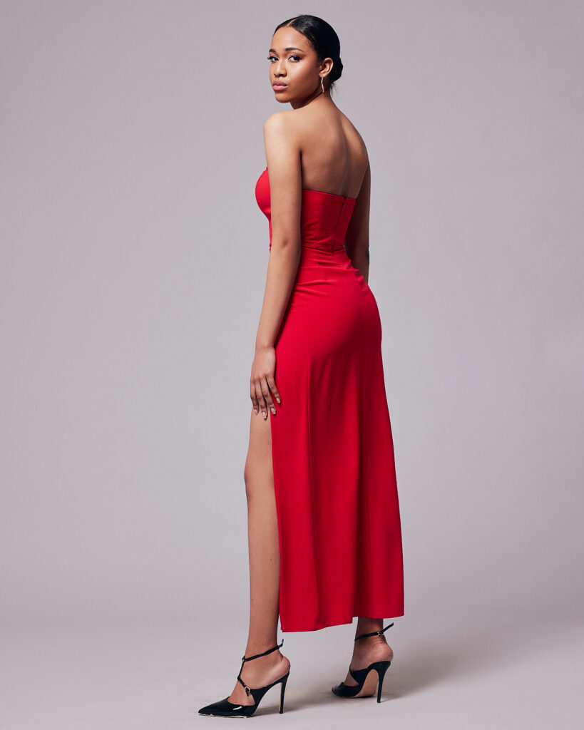 V plunge corset maxi dress with high slit in red Suzana Peric