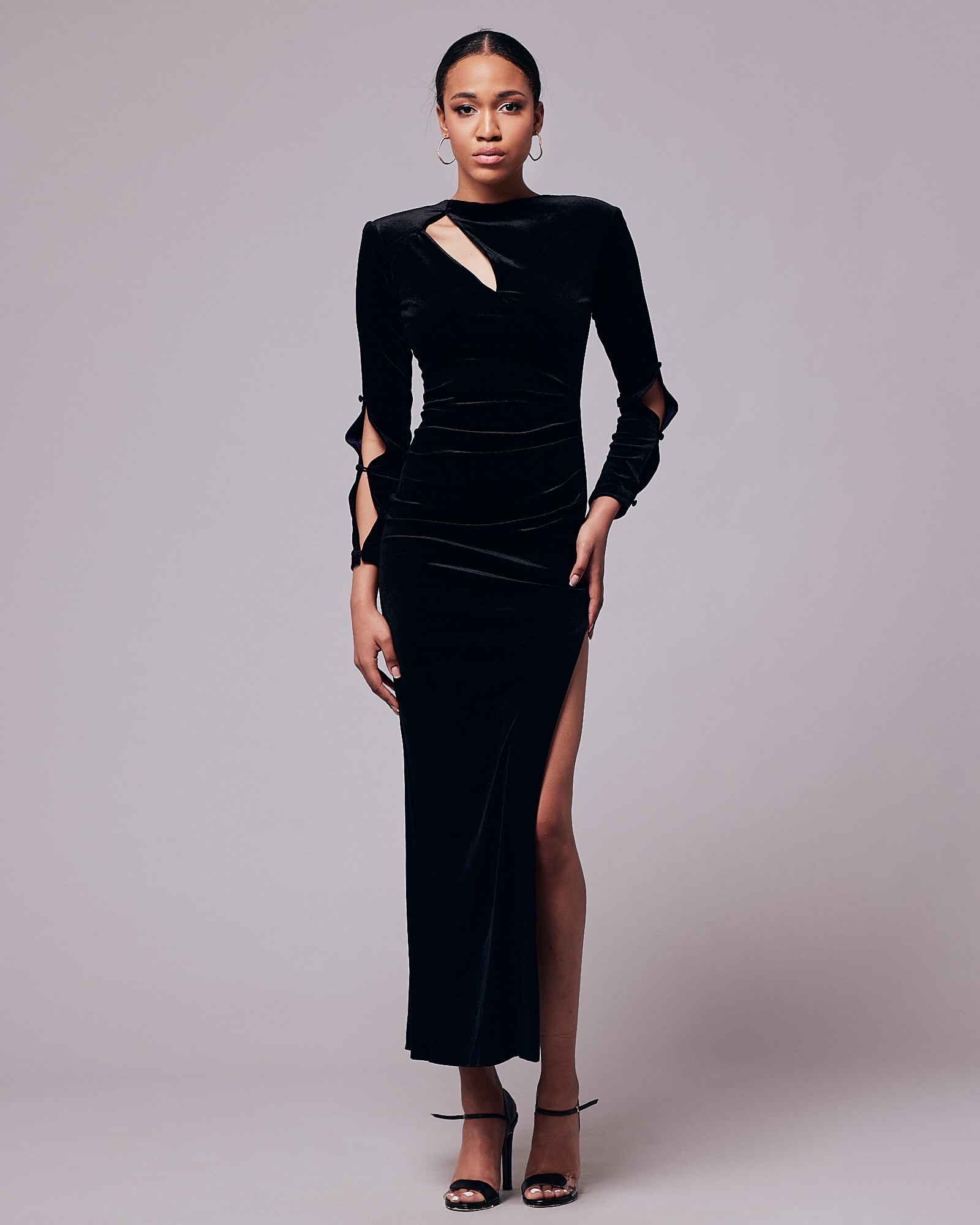 Long velvet cut out dress in black